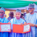 Katsina Governor Aminu Bello Masari (M), Deputy Governor-elect Faruq Jobe (L), Governor-elect Umar Dikko Radda (R)