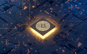 Bitcoin on motherboard,3d rendering,conceptual image.