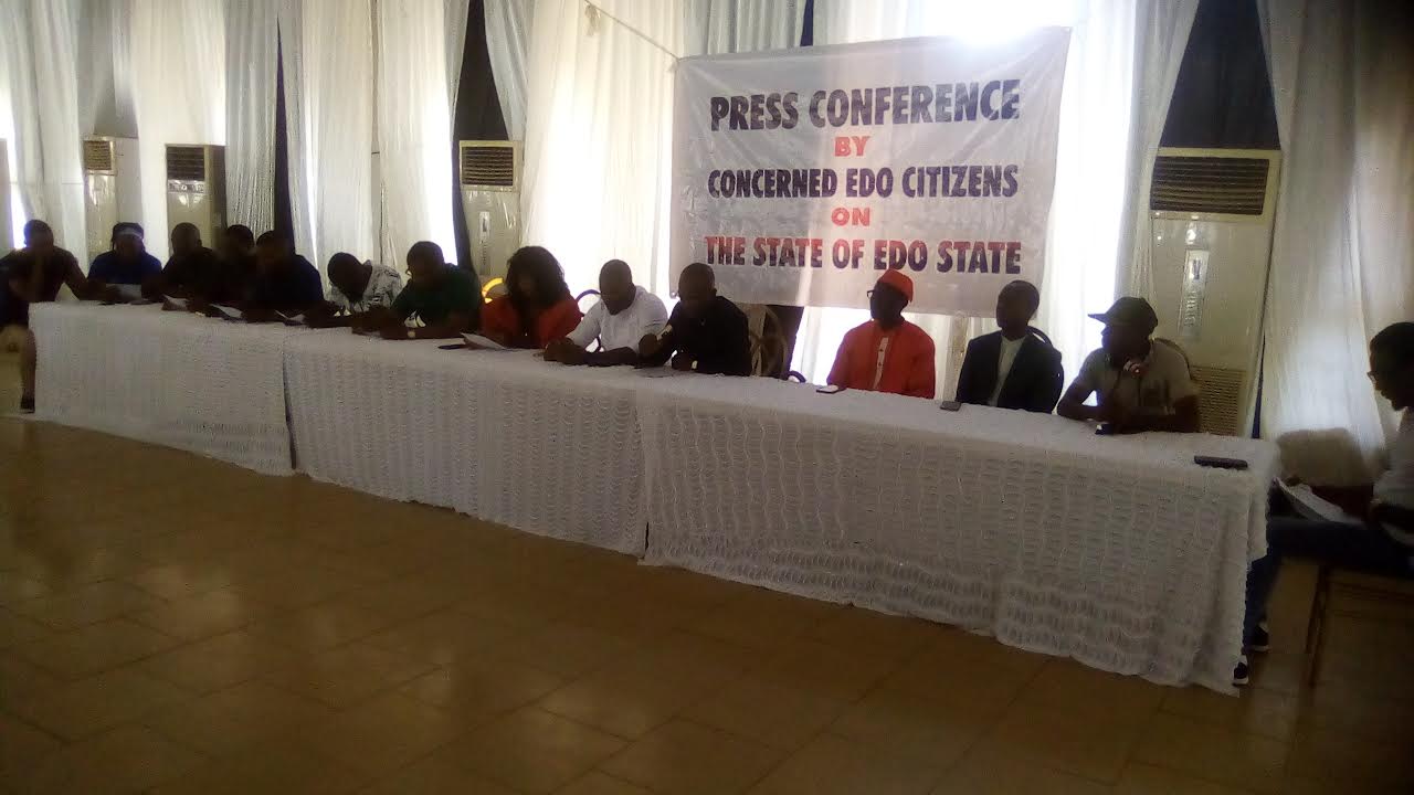 Monday, March 13, 2023: Cross section of executive members of Concerned Citizens of Edo State at a press briefing in Benin City