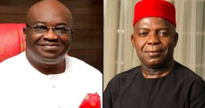 Abia Governor Okezie Ikepazu (L), Abia Governor-elect Alex Otti (R)
