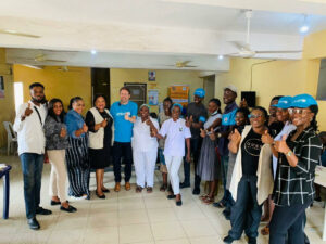 Chief of Health in the UNICEF Nigeria Country Office Eduardo Celades, with Kannywood Actor and UNICEF champion, Ali Nuhu Dr Chioma Nwakanma-Akanoo, a doctor and influencer, and Olabintan Oduntola, team lead at The Health City, to Bola Tinubu with the staff of Bola Tinubu Primary Healthcare Centre, Alimosho LGA, Lagos