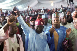 Bola Ahmed Tinubu reacts after he was declared winner in Nigeria’s presidential election at the Party’s campaign headquarters, in Abuja