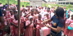 Distribution of sanitary pads to female students of the Festac Junior Grammar School