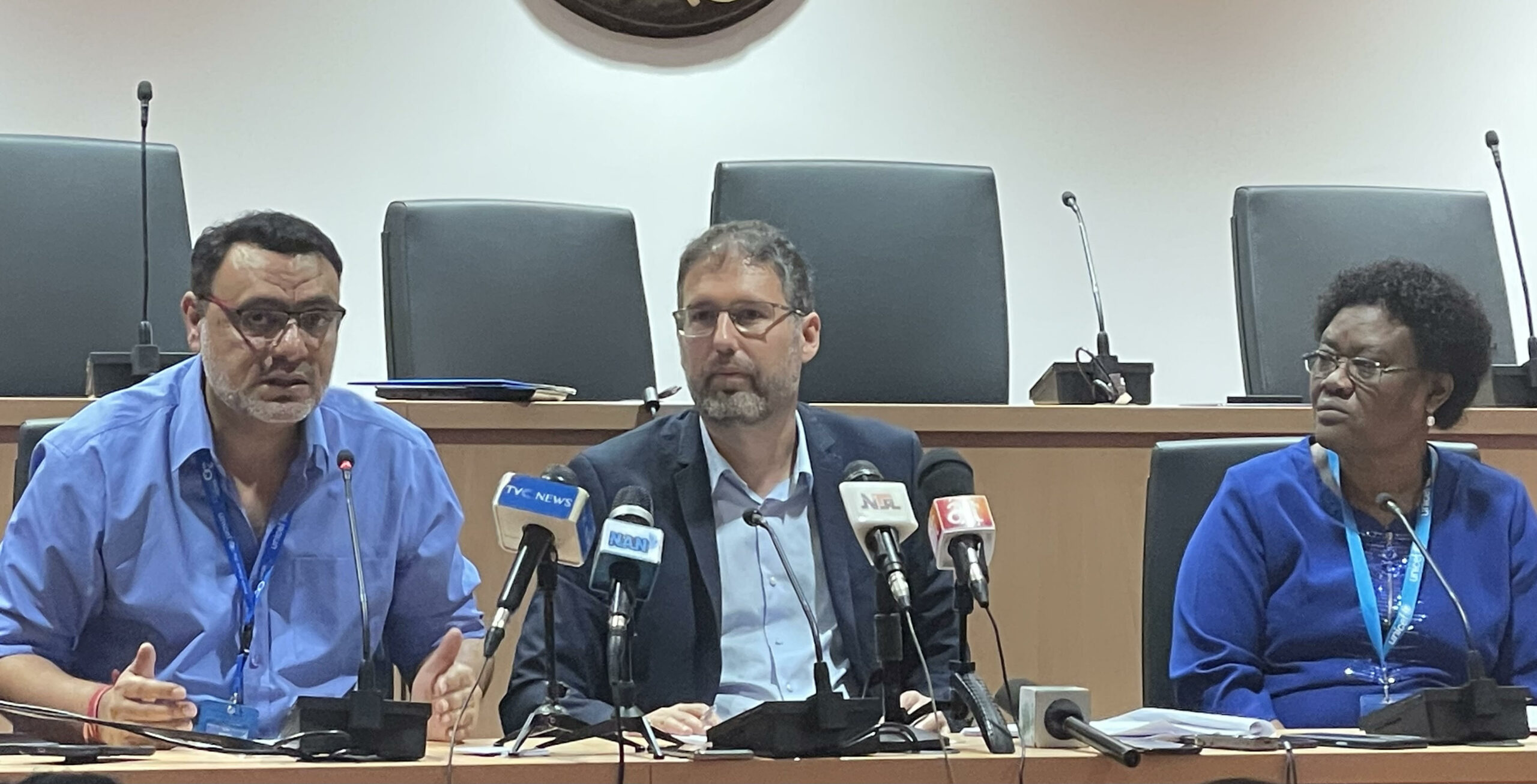 L-R: Chief of Communications, Rajat Madhok, Chief of Health, Eduardo Celades UNICEF Nigeria, UNICEF Nigeria, and UNICEF Nigeria Health Manager, Dorothy Ochola-Odongo at a media briefing on the State of the World’s Children  (SOWC) report at the UN House, Abuja, Thursday