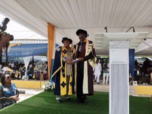 Vice Chancellor of Delta State University Prof Andy Egwunyenga with Prof Jacobs Oboreh, VC Delta State University of Science & Technology, Ozoro, at the occasion