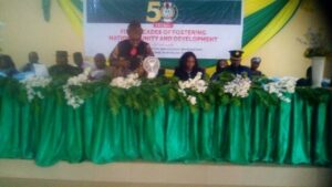 Edo State NYSC Coordinator Oladeinde Foluke delivering her welcome address during programme in Benin City