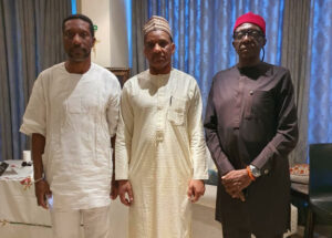 Director General, Nigerian Maritime Administration and Safety Agency, NIMASA, Dr Bashir Jamoh, OFR (middle) with relatives of the deceased Oscar Onyema, OON (left) and Onyema Senior at the home of Late Barrister Margaret Orakwusi in Lagos