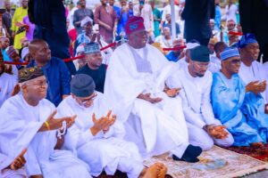 President Bola Ahmed Tinubu Observes Eid Prayers with Muslim faithfuls at the Obalende Eid Prayer Ground at Dodan Barracks, Victoria Island Lagos. He was received by Chief Imam Suliman Abuo-Nolla who led the Eid Prayers