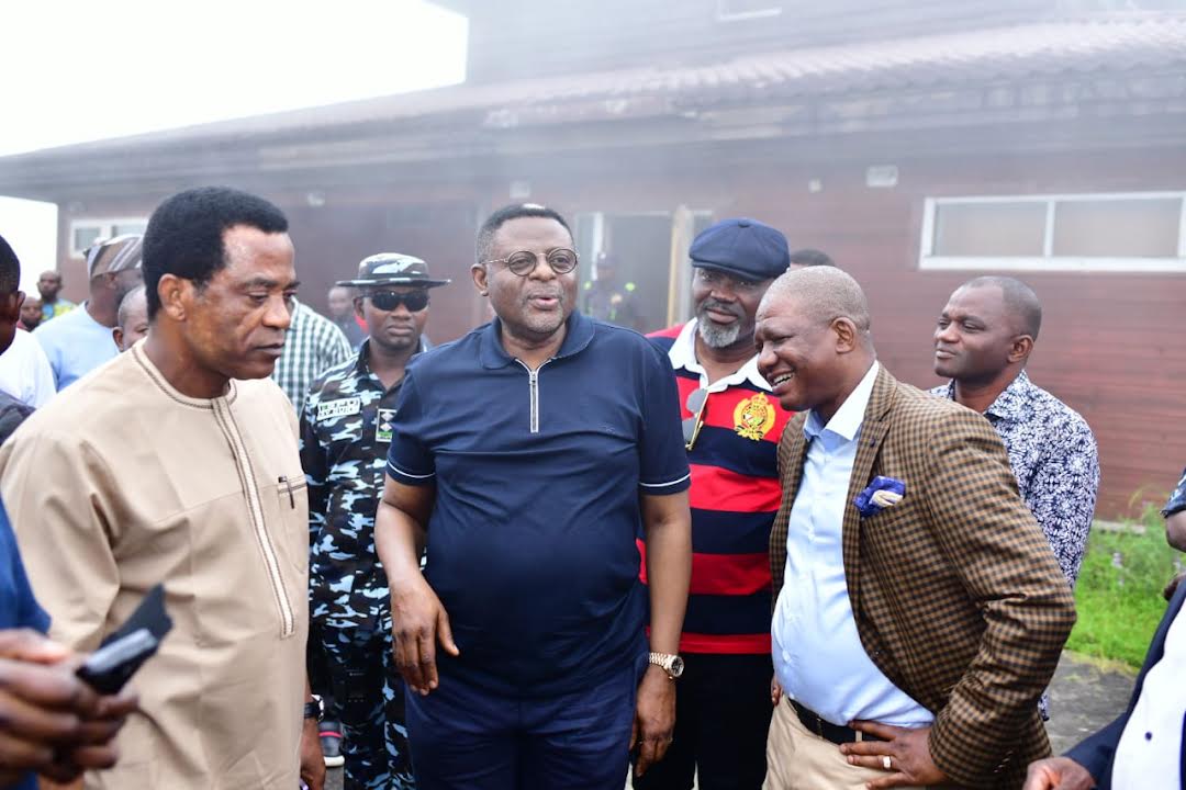 Gov Otu (M) flanked by Chief of Staff, Hon. Emmanuel Ironbar, Josiah Samuel, lead Consultant to the state(R) and High Chief Higgins(L) during inspection of the facility at the Ranch