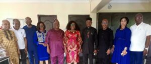 VC Prof Obi (5th from left) in a group photograph with the Nigeria Universities Commission (NUC) Team during the Pre-Validation Exercise for the ICT enabled Open and Distant Learning Programme
