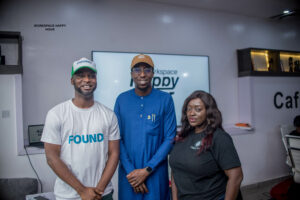 Olajide Aboderin, the Chief Executive Officer/Founder, FOUND Africa Technology(left); Moshope Adebayo Akande, Senior Special Assistant to Governor Seyi Makinde of Oyo State on Information Communication Technology (ICT); and Omolola Falola, Manager Cafe One, Ibadan (right), at the launch of the ‘Workspace Happy Hour’ series by FOUND NG in partnership with Cafe One, in Ibadan