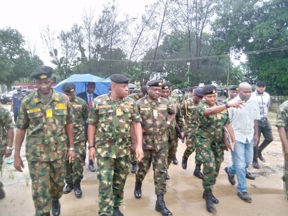 Chief of Naval Staff (CNS) Vice Admiral Emmanuel Ogalla, 2nd from right, with other Naval personnel during the familiarisation Tour of Facilities in Calabar on Tuesday