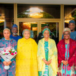 First Lady of Nigeria, Oluremi Tinubu, (m) flanked on the right by Wife of the Vice President, Hajia Nana Shettima (3rd left), Wife of the Senate President, Mrs Ekaette Akpabio (2nd right), Super Falcon players and other officials of the NFF, during their reception by her Excellency, in Abuja