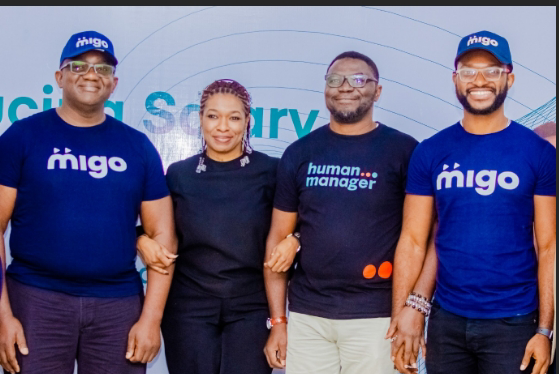L-R: Winston Osuchukwu, MD/Vice President, Migo Nigeria; Adekunbi Ademiluyi, MD, HumanManager ltd; Ọlákúnlé Yusuff, Head, Brand & Marketing, HumanManager; and Chuck Anitche, Head, Sales & Business Devt, MIGO Nig, at the brief