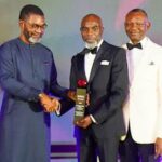 Former Director General, Nigerian Economic Summit Group (NESG), Frank Nweke and the Publisher, Businessday Newspaper, Frank Aigbogun presenting the award to the MD/CEO Wema Bank Plc, Moruf Oseni at the Awards ceremony held in Lagos