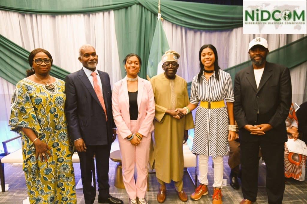 President Bola Tinubu with Zuriel Oduwole, an American education advocate and filmmaker and her family at the Presidential Townhall Meeting with Nigerians in the diaspora on Wednesday night