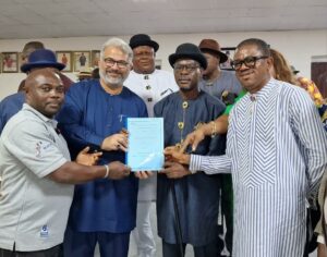 L-R: Ogu Community Liaison Officer for West Africa Container Terminal (WACT), Adolphus Dasetima; Managing Director of WACT, Naved Zafar; member, Ogu Divisional Council of Chiefs, Noble Asemebo; Chairman, Ogu Divisional Council of Chiefs, Adokiye Ochemiebia Chuku and WACT Community Relations Manager, Justin Okwuofu during the signing of the Memorandum of Agreement (MoA) between WACT and Ogu community in Rivers State