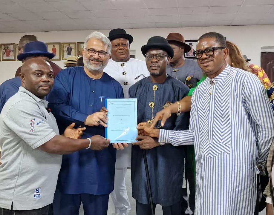 L-R: Ogu Community Liaison Officer for West Africa Container Terminal (WACT), Adolphus Dasetima; Managing Director of WACT, Naved Zafar; member, Ogu Divisional Council of Chiefs, Noble Asemebo; Chairman, Ogu Divisional Council of Chiefs, Adokiye Ochemiebia Chuku and WACT Community Relations Manager, Justin Okwuofu during the signing of the Memorandum of Agreement (MoA) between WACT and Ogu community in Rivers State