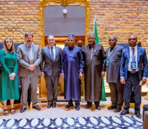 Vice President Kashim Shettima (m); Chairman of Flour Mills of Nigeria PLC, John Coumantaros (left); Vice President of Production Systems at John Deere, Jason Brantley (2nd left); Global Public Policy Manager at John Deere, Susan Zimmerman (left); Minister of Agriculture and Food Security, Abubakar Kyari (3rd right); Consul General of Nigeria in New York, Ambassador Lot Egopija (2nd right), and Senior Special Assistant to the President on Agricbusiness and Productivity,  Kingsley Uzoma (right), when the John Deere Group met with the Vice President in the United States.