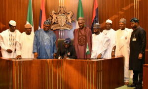 President Bola Tinubu (M) signing the 2023 supplementary Budget at at the Presidential Villa in Abuja on Wednesday (8/11/2023). With him are: From left: Senate Leader, Sen Opeyemi Bamidele; Chairman Senate Committee on Finance, Sen Olamilakan Adeola; President of the Senate, Godswill Akpabio; Speaker, House of Representatives, Tajudeen Abbas; Chairman, House of Representatives Committee on Appropriation, Abubakar Kabir Abubakar; Secretary to the Government of the Federation, George Akume; Minister of Budget and Economic Planning, Atiku Bagudu and Chairman, Federal Inland Revenue Services, Zachs Adedeji.