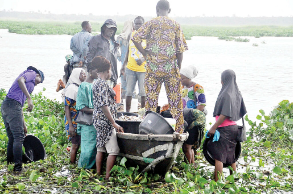 Fishermen-and-women-carrying-fish-caught-for-the-day-at-Oluwo-Fish-Market-River-on-arrival-at-Epe-in-Lagos