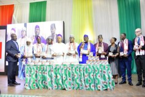 MD/CEO of Intersect Consortium and Guest Lecturer, Dr. Vincent Udenze; Wakili Adamawa, Alhaji Hassan Adamu; Chairman, House of Reps committee on Drugs and Narcotics, Hon. Abass Adigun; Deputy Chairman, Senate Committee on Drugs and Narcotics, Senator Sadiq Umar; Chairman of MTN Foundation, Prince Julius Adelusi Adeluyi; Chairman/Chief Executive Officer of NDLEA, Brig Gen Mohamed Buba Marwa (Rtd); Secretary to the Government of the Federation, Senator George Akume; Major Gen. A. T. Jibrin (Rtd); Director Drug Demand Reduction, NDLEA, Dr. Ngozi Madubuike; Agency Secretary, Shadrach Haruna and Country Representative, UNODC, Dr. Oliver Stolpe displaying NDLEA special test kits during the launch of ‘Save Our Families Campaign (SOF)’ at the commemoration of the World Drug Day at the State House Conference Centre, Abuja on Wednesday 26th June 2024