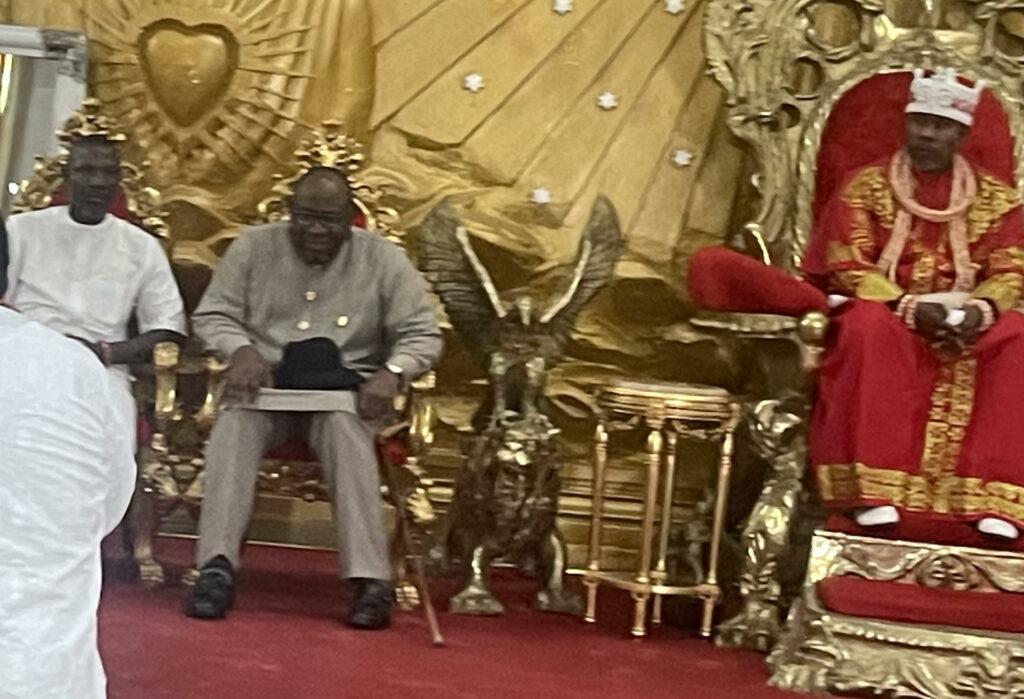 Traditional ruler of Gbaramatu Kingdom, His Majesty Oboro-Gbaraun II, Aketekpe, Agadagba, being flanked by Senator Seriake Dickson and High Chief Government Ekpemupolo, Aka Tompolo, during the visit on Friday.