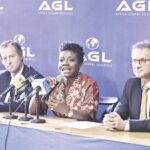 •L-R- Saint Louvent, Akanni-Shelle and Rocher at the official unveiling of AGL in Lagos