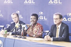 •L-R- Saint Louvent, Akanni-Shelle and Rocher at the official unveiling of AGL in Lagos