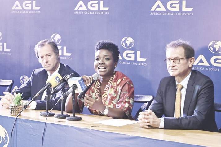 •L-R- Saint Louvent, Akanni-Shelle and Rocher at the official unveiling of AGL in Lagos