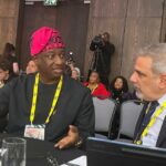Nigeria’s Aviation Minister Festus Keyamo (L), IATA’s Regional Vice President for Africa and the Middle East Mr Kamil Al-Awadhi (R)