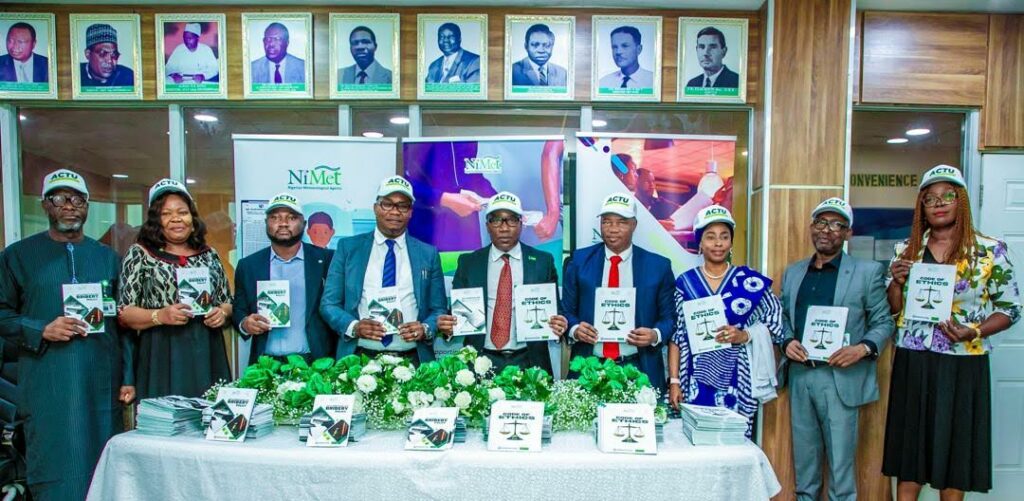 NiMet DG/CEO Professor Charles Anosike flanked by Directors of the agency, and Mr Charles Nwosu, representative of ICPC Chairman, Dr Musa Adamu Aliyu, SAN, at the launch of the agency’s Anti-Corruption and Bribery Policy and Code of Ethics, at NiMet headquarters Abuja on Tuesday, 16th August, 2024