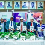 NiMet DG/CEO Professor Charles Anosike flanked by Directors of the agency, and Mr Charles Nwosu, representative of ICPC Chairman, Dr Musa Adamu Aliyu, SAN, at the launch of the agency’s Anti-Corruption and Bribery Policy and Code of Ethics, at NiMet headquarters Abuja on Tuesday, 16th August, 2024
