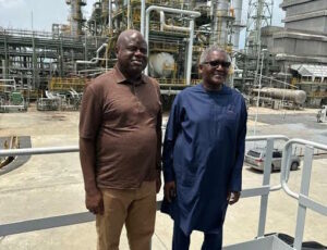 Governor Douye Diri (L), Aliko Dangote (R)