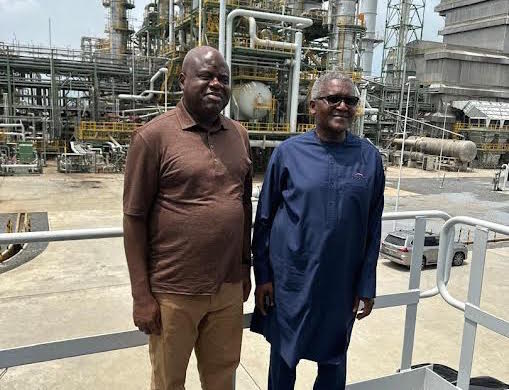 Governor Douye Diri (L), Aliko Dangote (R)