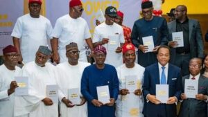 Dignitaries, led by Donald Duke, who represented former President Olusegun Obasanjo, at the launch of Echebiri’s book on Saturday.PHOTO CREDIT- Augustine Abu