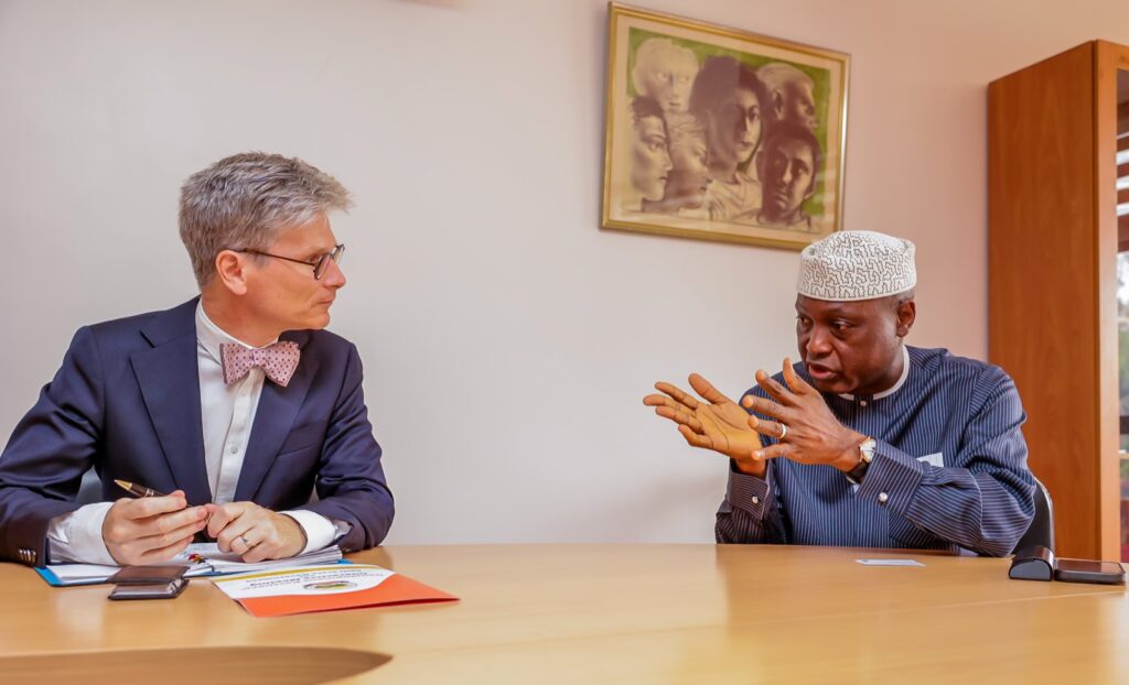 Ekiti State Governor, Mr Biodun Oyebanji with Belgium Ambassador to Nigeria, Mr Pieter Leenknegt
