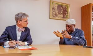 Ekiti State Governor, Mr Biodun Oyebanji with Belgium Ambassador to Nigeria, Mr Pieter Leenknegt