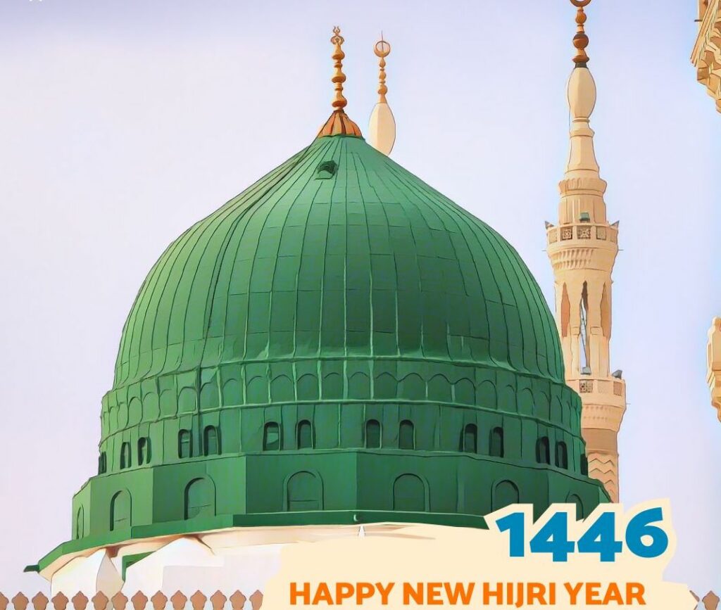 A beautiful mosque with lit lanterns and fireworks in the background, celebrating the new Hijri year. – 1