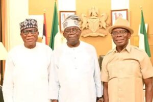 President Bola Tinubu with Senator Adams Oshiomhole and Abubakar Momoh