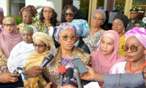 First Lady of the Nigeria, Oluremi Tinubu (m); Wife of the Deputy Senate President, Hajia Barau; Wife of the Speaker, Hajia Fatima Abbas other wives of governors  during the First Lady’s Renewed Hope Initiative quarterly meeting held at the Presidential Villa Abuja on Wednesday