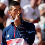 Paris, France. 04th Aug, 2024. PARIS, FRANCE – AUGUST 4: Novak Djokovic of Serbia kisses his gold medal after his victory during the Tennis Men’s Single Final Gold match between Novak Djokovic and Carlos Alcaraz on day nine of the Olympic Games Paris 2024