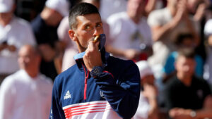 Paris, France. 04th Aug, 2024. PARIS, FRANCE – AUGUST 4: Novak Djokovic of Serbia kisses his gold medal after his victory during the Tennis Men’s Single Final Gold match between Novak Djokovic and Carlos Alcaraz on day nine of the Olympic Games Paris 2024