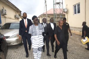President, Nigeria Labour Congress (NLC), Joe Ajaero (right), with human rights activist, Femi Falana and others at the police headquarters  in Abuja, yesterday. Photo- Mudashiru Atanda