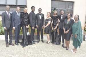 •L-R: Tajudeen Salaudeen, Mr. Chris Eigbe, Tinuoye, Oyinloye, Oghenevoke, Udeigwe-Anowai, Alabi, Mrs. Oyinloye and Mrs. Juliana Eigbe at college graduation ceremony