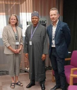 L-R: Fiona Crack, controller, British Broadcasting Corporation (BBC) World Service Languages; Mohammed Idris, Minister of Information and National Orientation, Federal Republic of Nigeria, and Jonathan Munro, deputy chief executive officer of BBC News and director of the BBC World Service. during the minister’s visit to BBC, London.