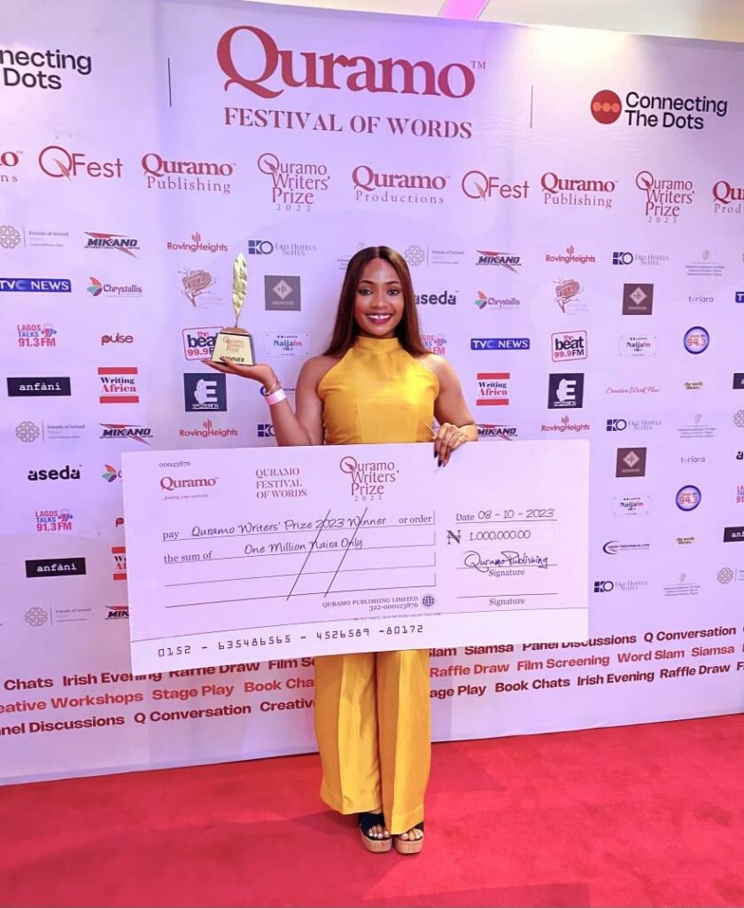 Quramo Writers Prize winner 2023 with manuscript, ‘Dear Zini’, Chiziterem Chijoke displaying her plaque and trophy