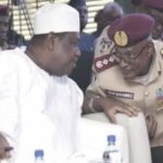 Secretary to the Government of the Federation, Senator George Akume {l} discusses with FRSC boss, Corps Marshal, Shehu Mohammed, at the FRSC app launch