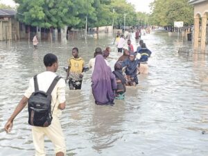 People wading through the flooded  Gwange area as a result of downpour in Maiduguri, yesterday