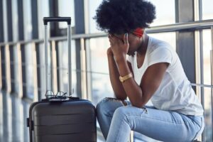 Young African woman sitting in airport terminal